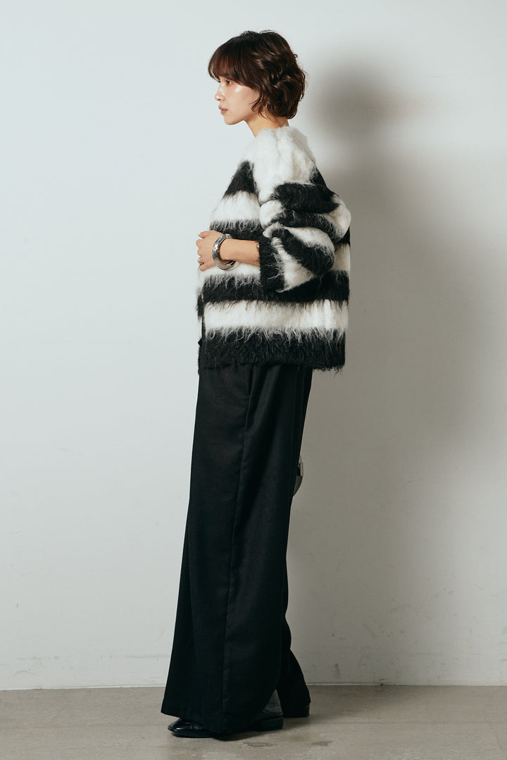 [SET]シャギーボーダー柄ニットカーディガン+ウール混フランネルワイドサロペット(2set)