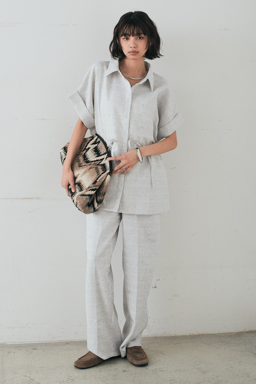 [SET]ツイードウエストドロストシャツ+ツイードタックパンツ(2set)