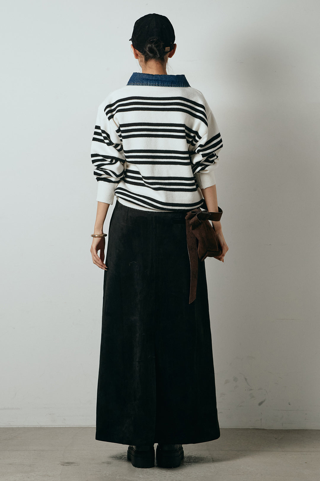[SET]デニムレイヤード風ランダムボーダーニットプルオーバー+エコスウェードワイドスカート(2set)