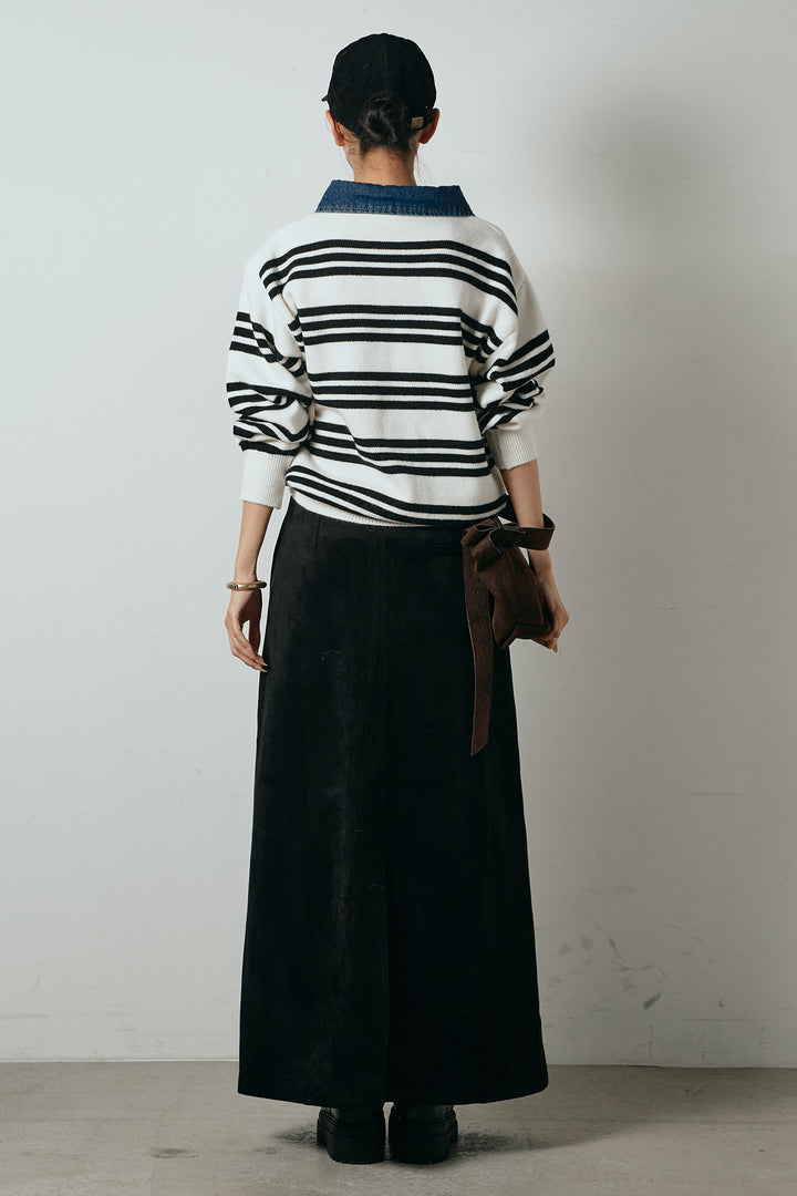 [SET]デニムレイヤード風ランダムボーダーニットプルオーバー+エコスウェードワイドスカート(2set)