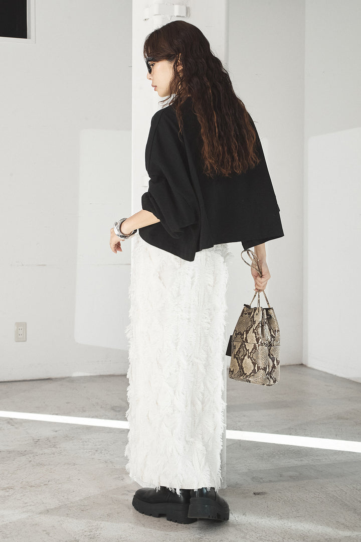 [SET]ビッグロゴHRU袖ボリュームトップス+カットフリンジニットタイトスカート(2set)