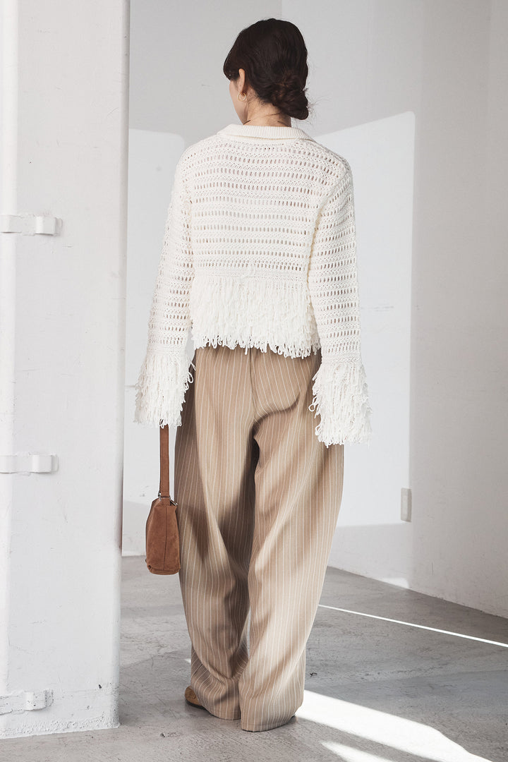 [SET]メッシュフリンジカーディガン+ヘリンボーンストライプツータックパンツ(2set)