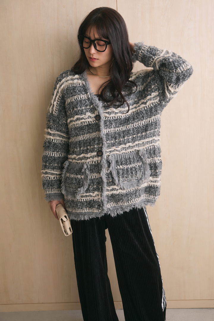[SET]フリンジミックスオーバーカーデ+サイドラインストライプベロアパンツ(2set)