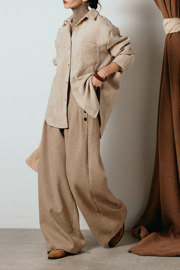 [SET]ルーズクラッシュツイルシャツ+リブニットシームレスタートルプルオーバー+サイドボタンツイードタックパンツ(3set)