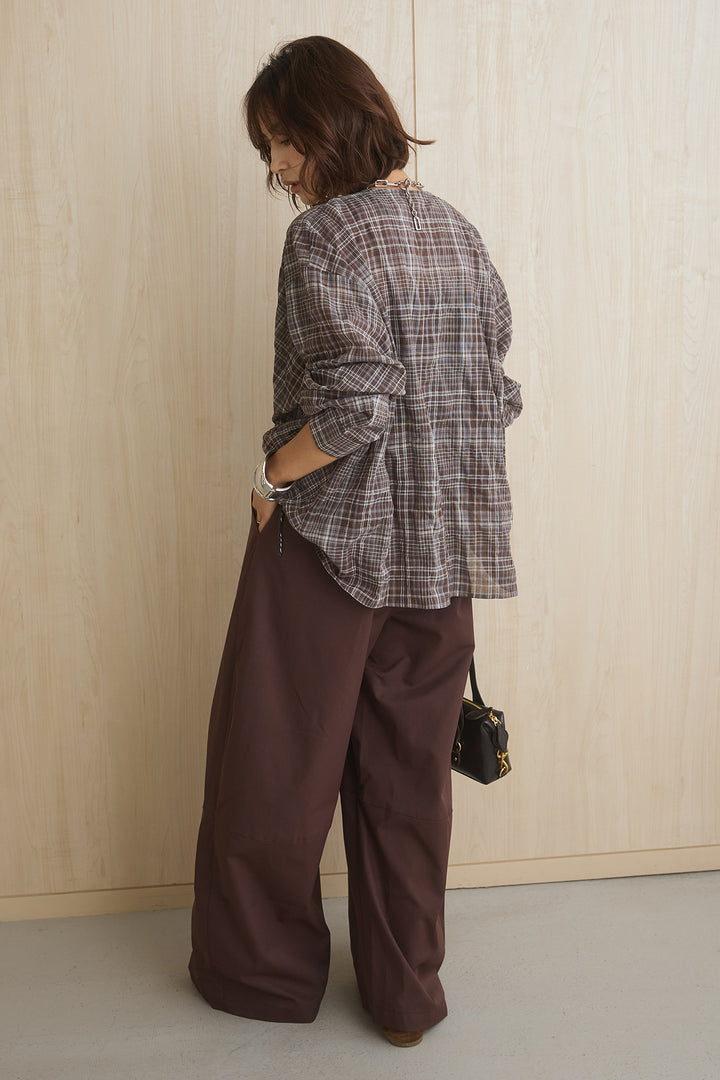 [SET]ネック紐付きワッシャーチェックブラウス+ダブルスキニーベルト付きカーブパンツ(2set)