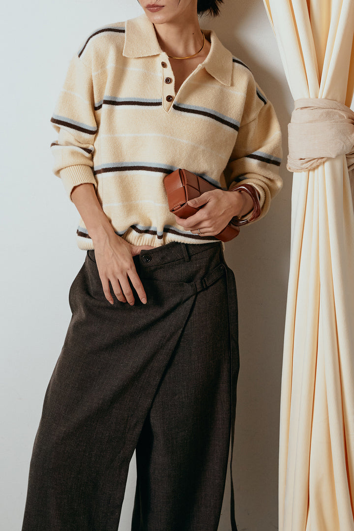 [SET]襟付きマルチボーダーニットポロトップス+ラップ巻きワイドスラックス(2set)