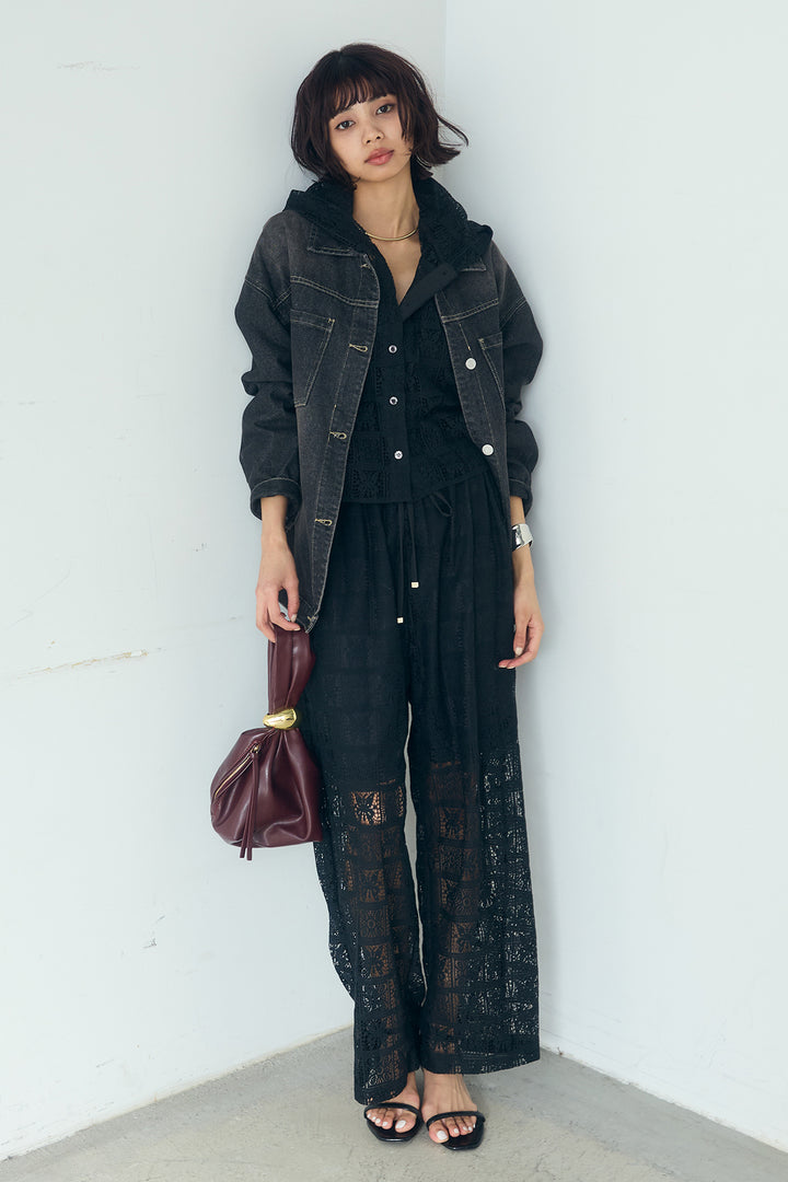 [SET]パッチワークレースショート丈フードシャツ+パッチワークレースイージーパンツ(2set)