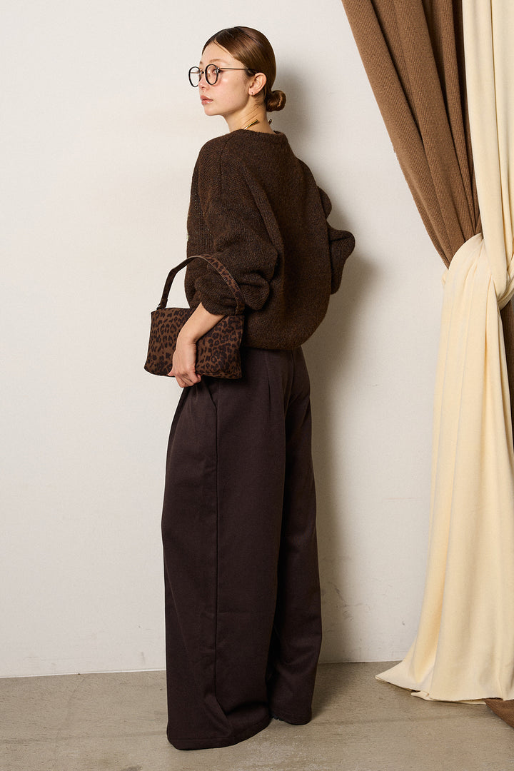 [SET]ロゴシャギーニットプルオーバー+巻ベルトウエストレザーライクワイドパンツ(2set)