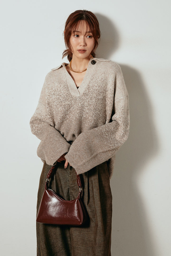 [SET]グラデーションラメニットキーネックプルオーバー+フロントタック入りコーデュロイパンツ(2set)