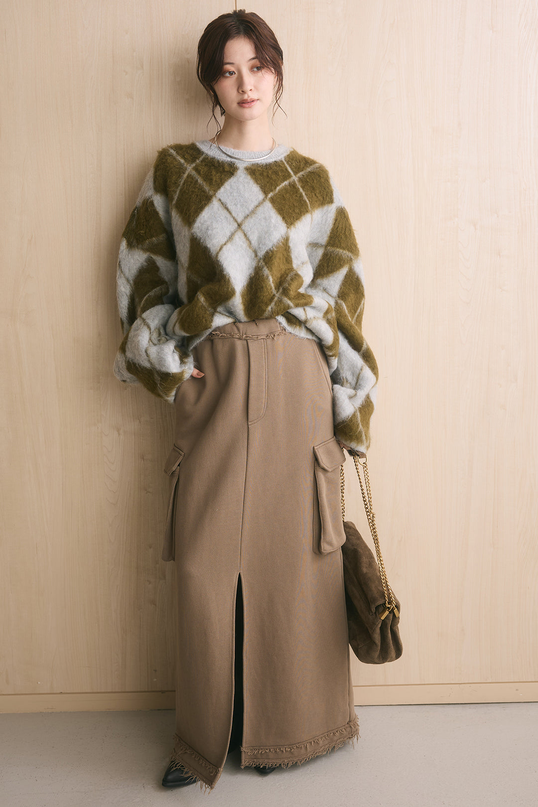 [SET]起毛アーガイル柄ニットプルオーバー+裏毛リラックスワークタイトスカート(2set)