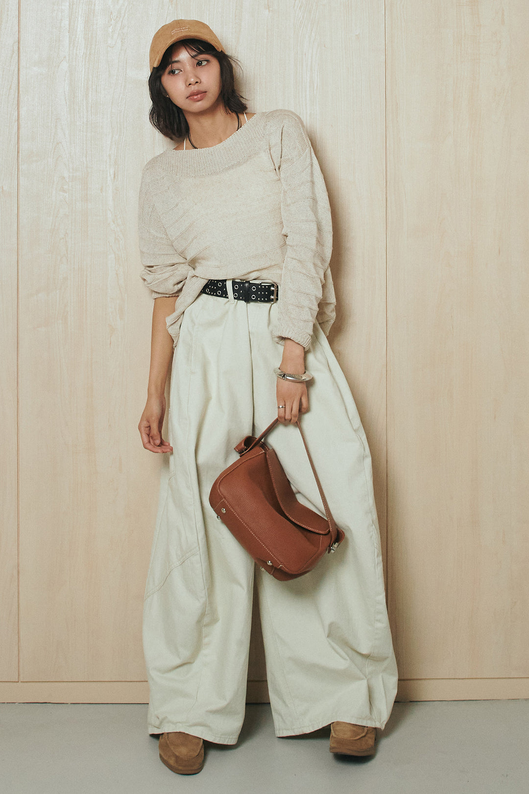 [SET]麻混リラックスニットトップス+ベルト付きカラーデニムパンツ(2set)