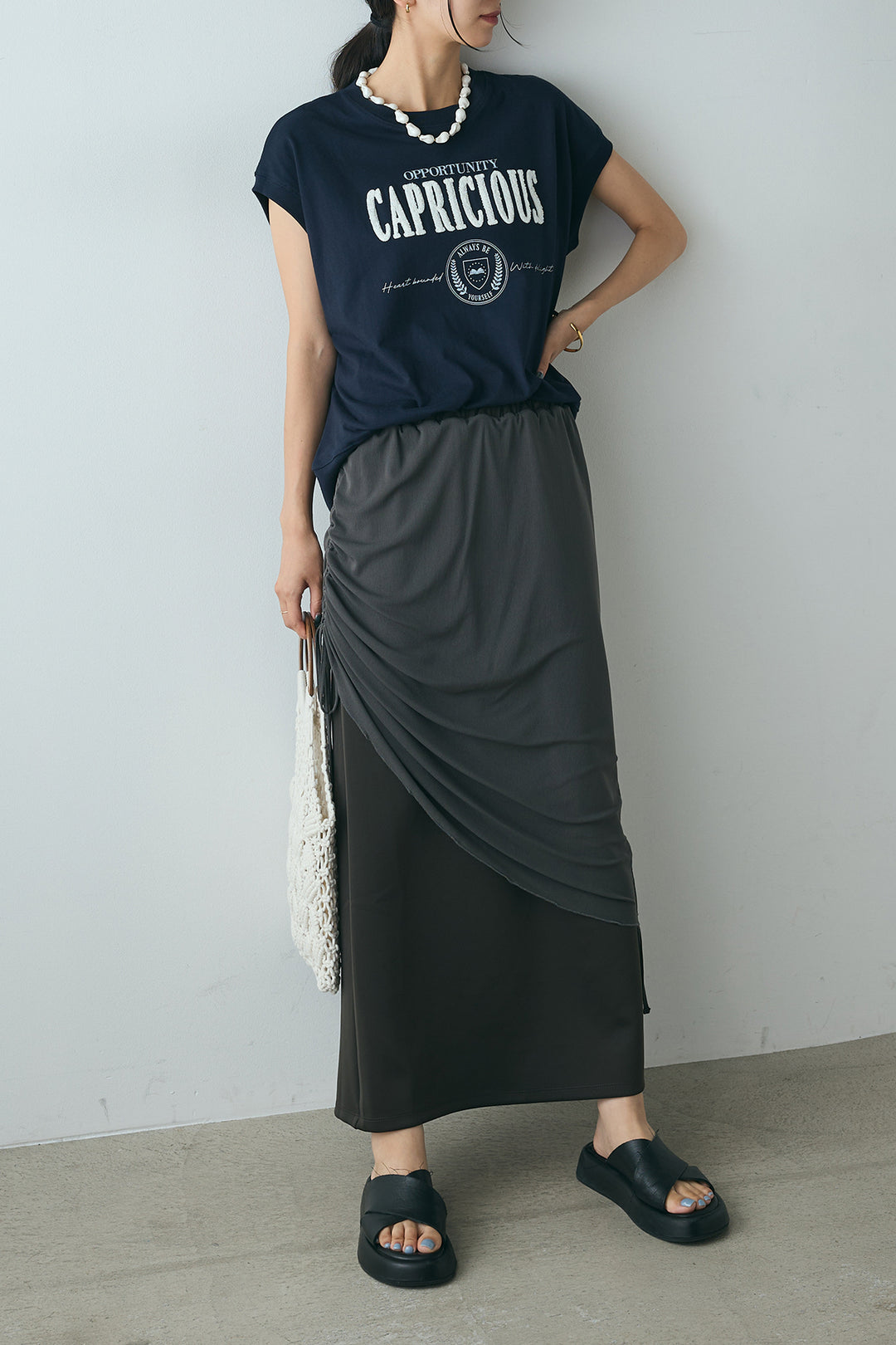 [SET]サガラ刺繍フレンチスリーブTシャツ+シアーレイヤードタイトスカート(2set)