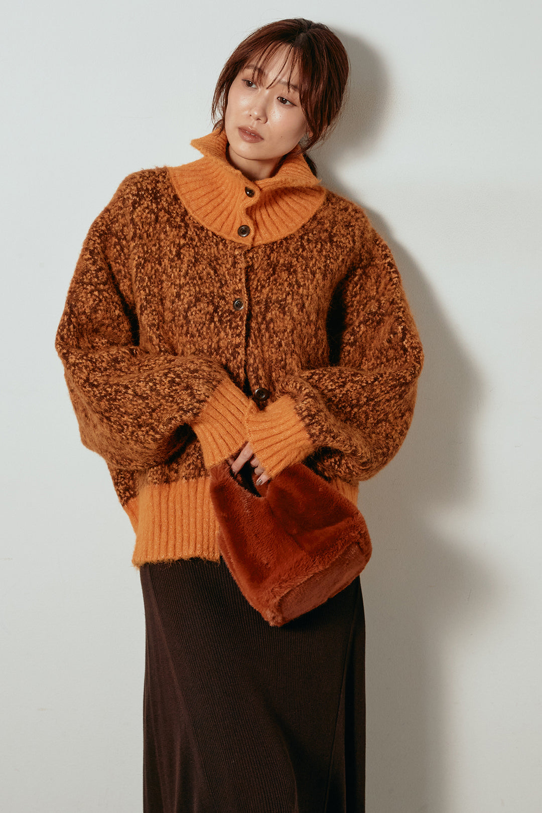 [SET]ハイネックミックスニットトップス+サイド切り替えリブニットロングスカート(2set)