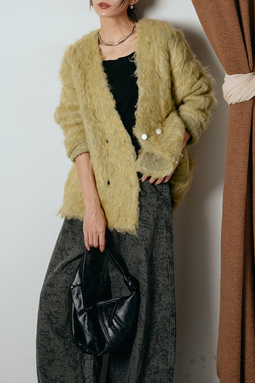 [SET]ウェーブシャギーニットジャケット+ベルト付きニュアンス柄カーブワイドパンツ(2set)