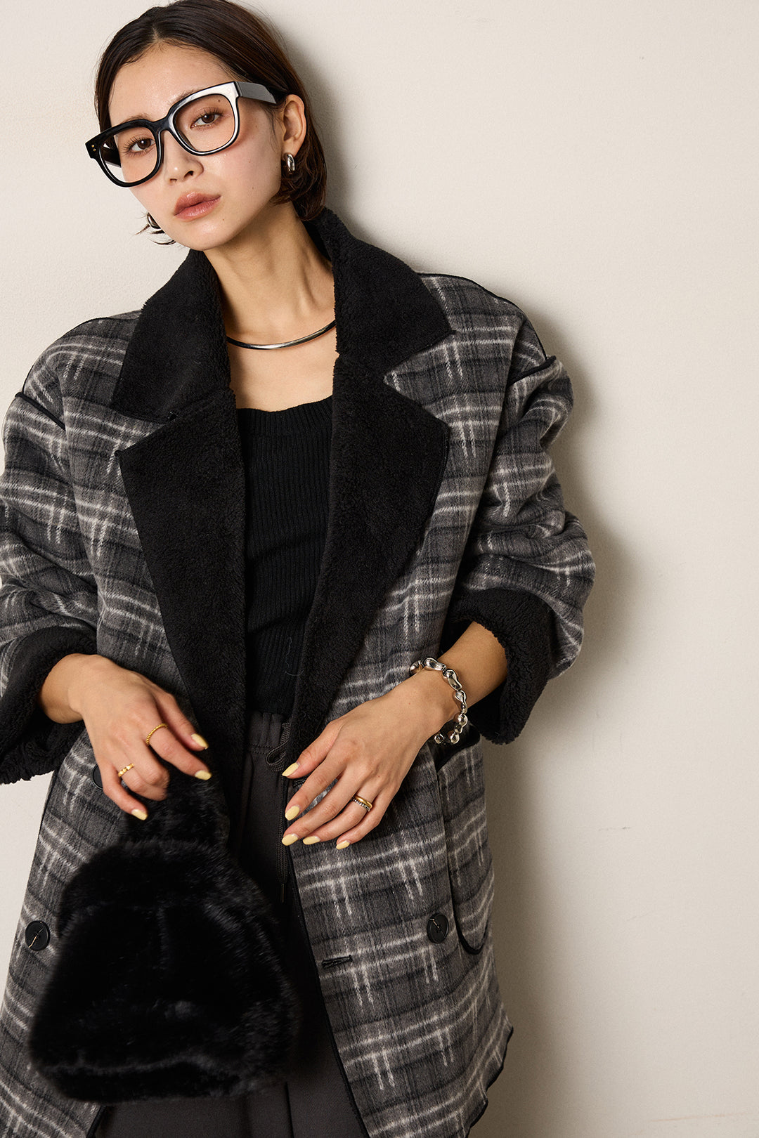 [SET]裏地ボアタータンチェック柄ミディアムコート+裏起毛スウェットワイドパンツ(2set)