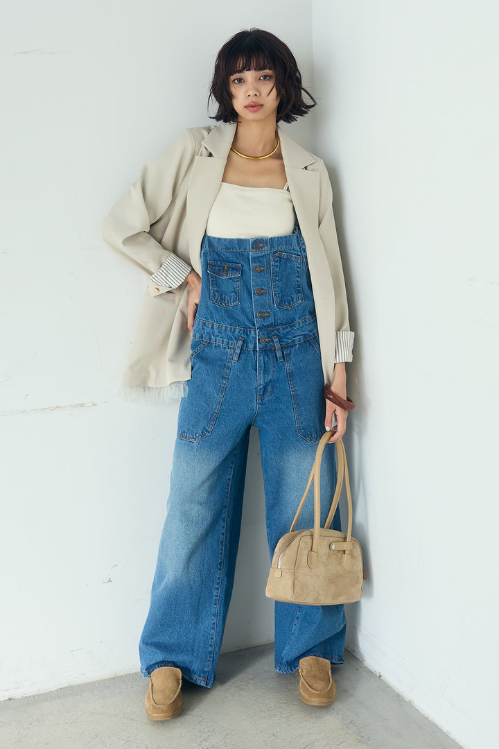 [SET]裾フリルダブルジャケット+デニムサロペットワイドパンツ(2set)