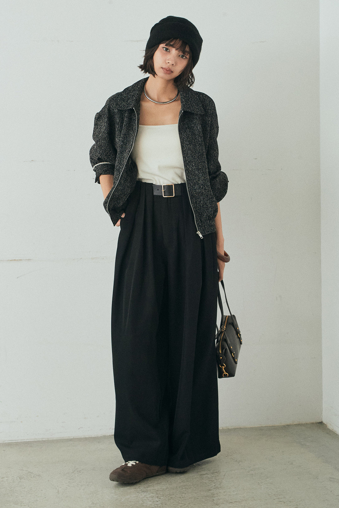 [SET]ツイード配色パイピングブルゾン+ベルト付きタックデザインハイウエストロングパンツ(2set)