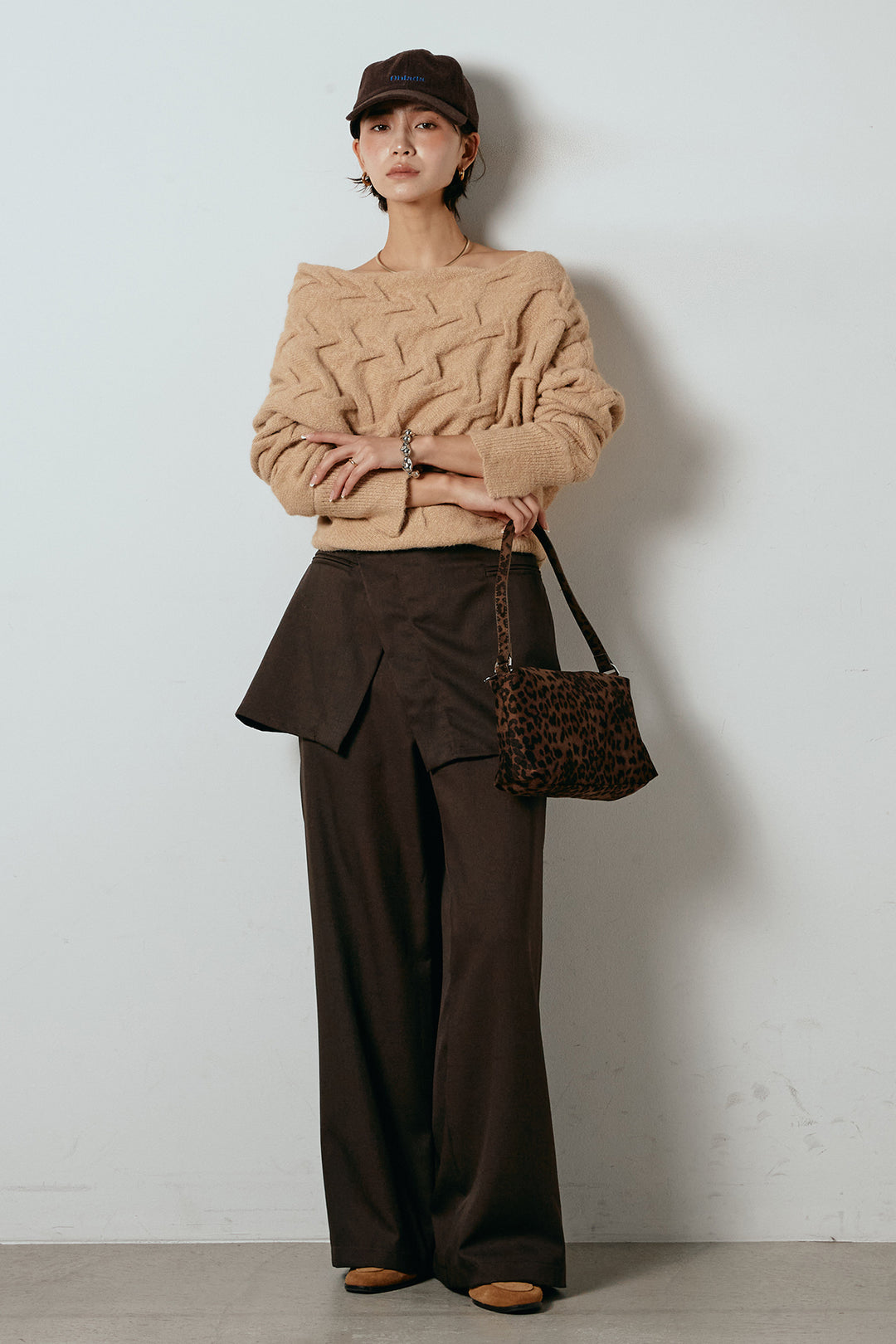 [SET]ボートネックニットトップス+ベルト付きウエストデザインパンツ(2set)