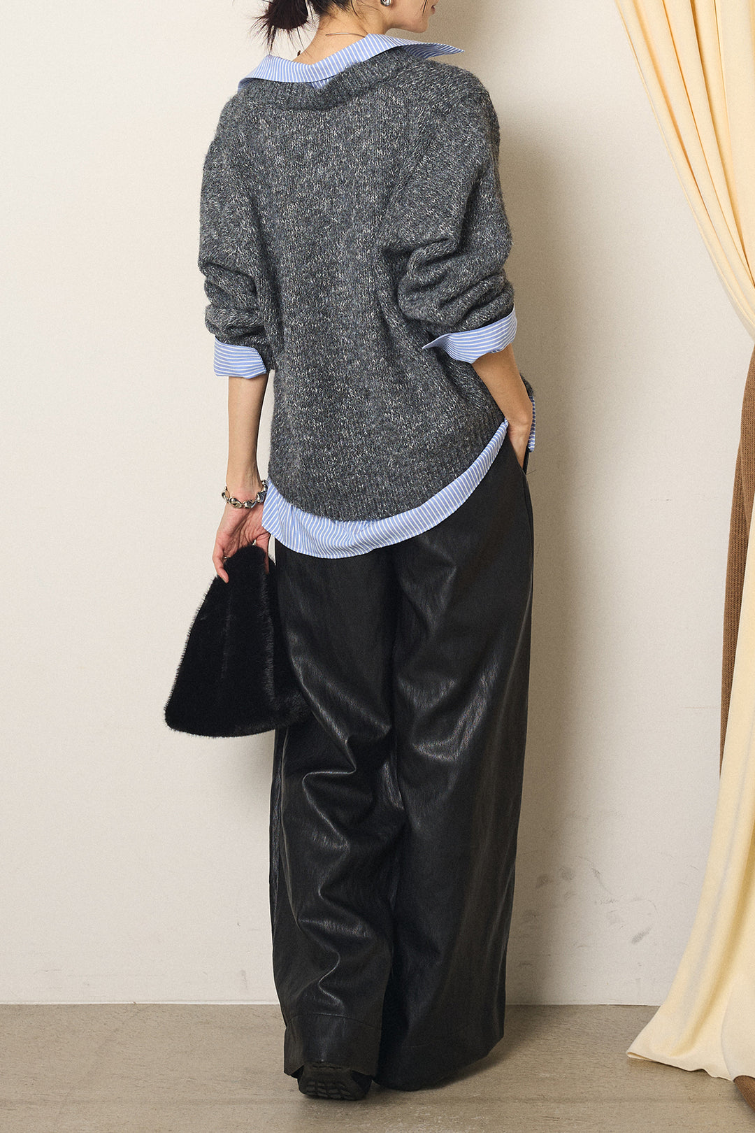 [SET]ストライプシャツドッキングニットポロトップス+ベルト付きレザーライクタックパンツ(2set)