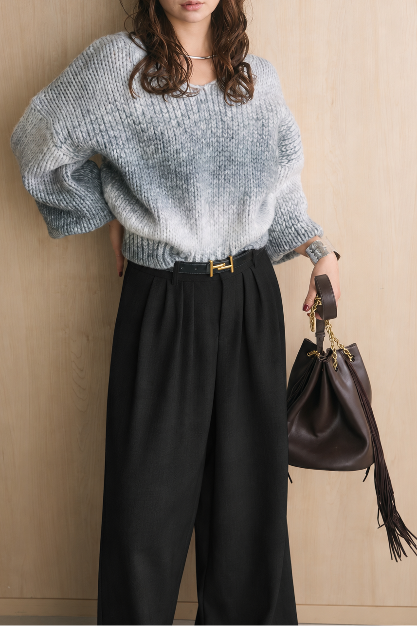 [SET]ミックスグラデーションVネックニット+ゴールドバックルベルト付きタックワイドパンツ(2set)