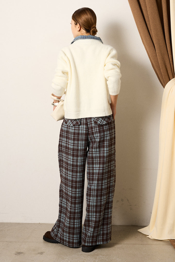 [SET]デニム襟ダブルジップニットトップス+スタッズデザインベルトタータンチェックパンツ(2set)