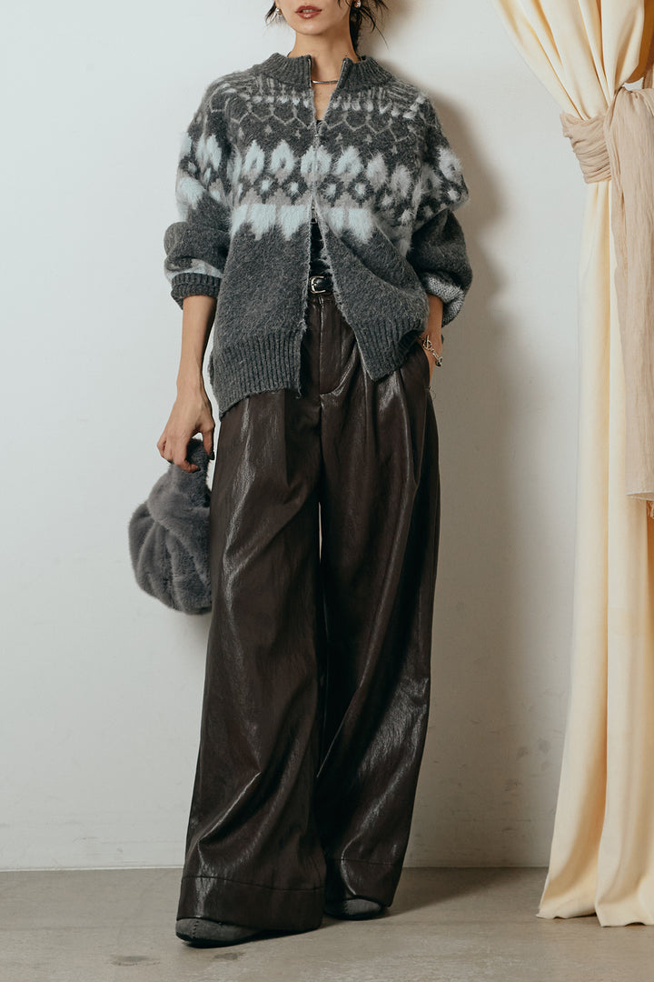 [SET]起毛ダブルジップパターンニットカーディガン+ベルト付きレザーライクタックパンツ(2set)