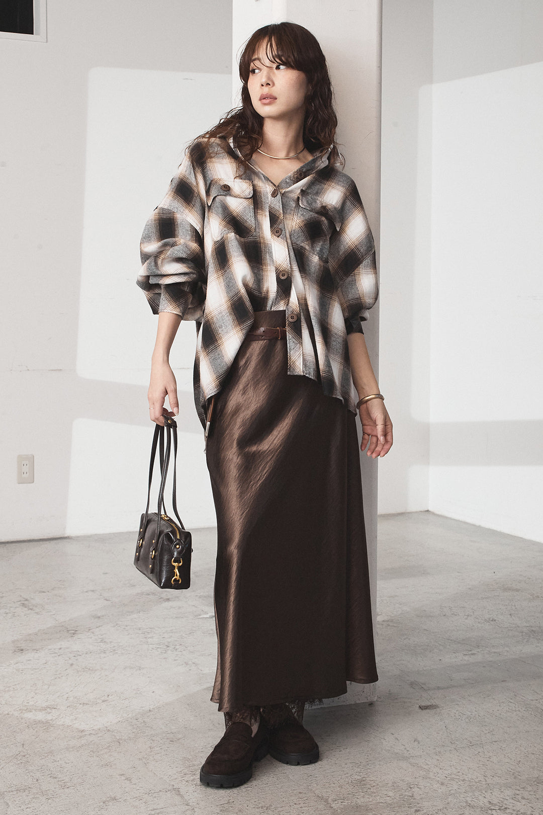 [SET]オンブレーチェックビッグシルエットCPOシャツ+裾レースデザインサテンスカート(2set)