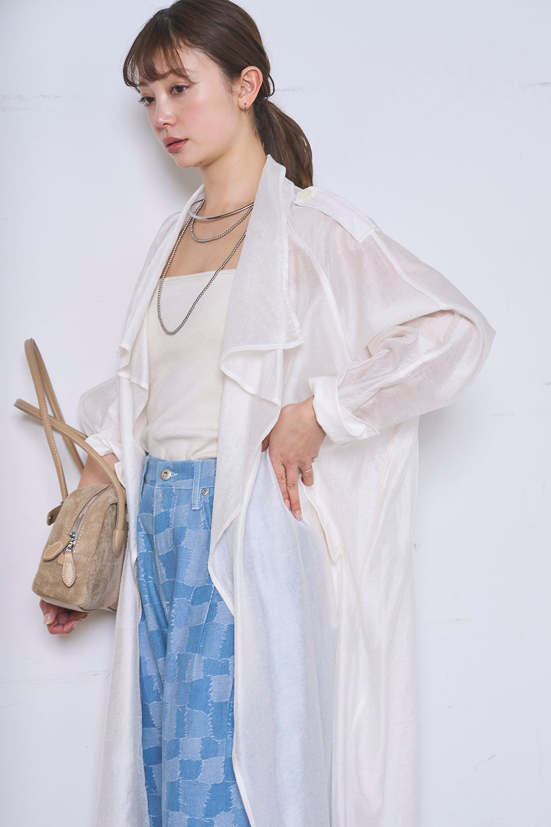 [SET]ロングシアーアウター+パッチワーク風デニムワイドパンツ(2set)