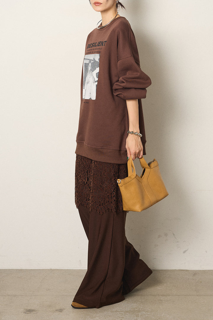 [SET]モノトーンプリントスウェット+レース刺繍レイヤードフレアパンツ(2set)