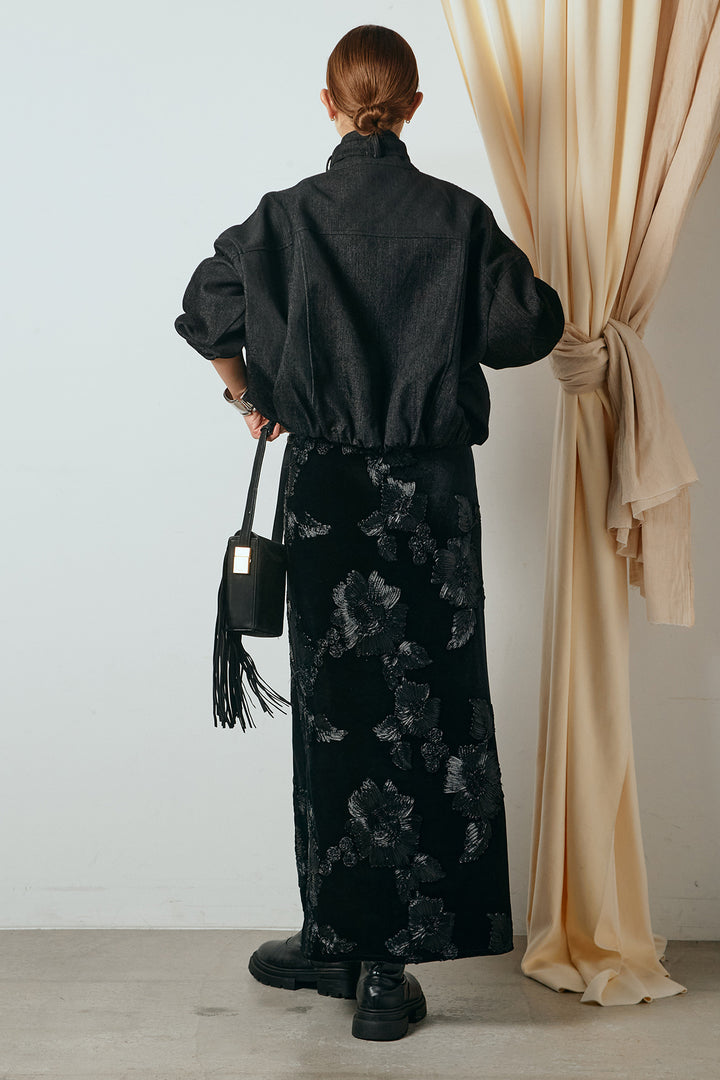 [SET]デニム調ハイネックブルゾン+フラワー刺繍ワイドスカート(2set)