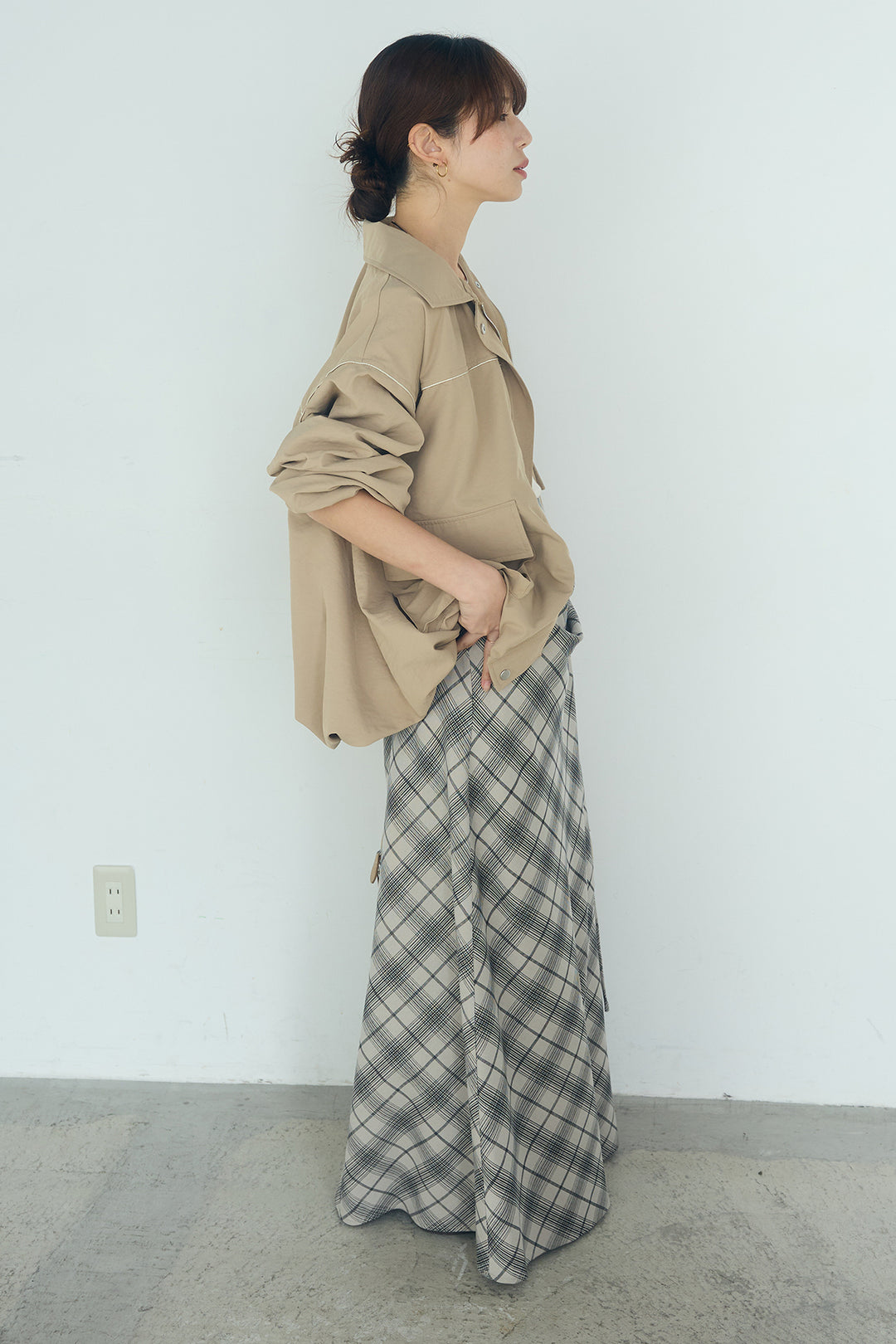 [SET]合繊ツイルバルーンジャケット+タータンチェック柄フロントデザインスカート(2set)