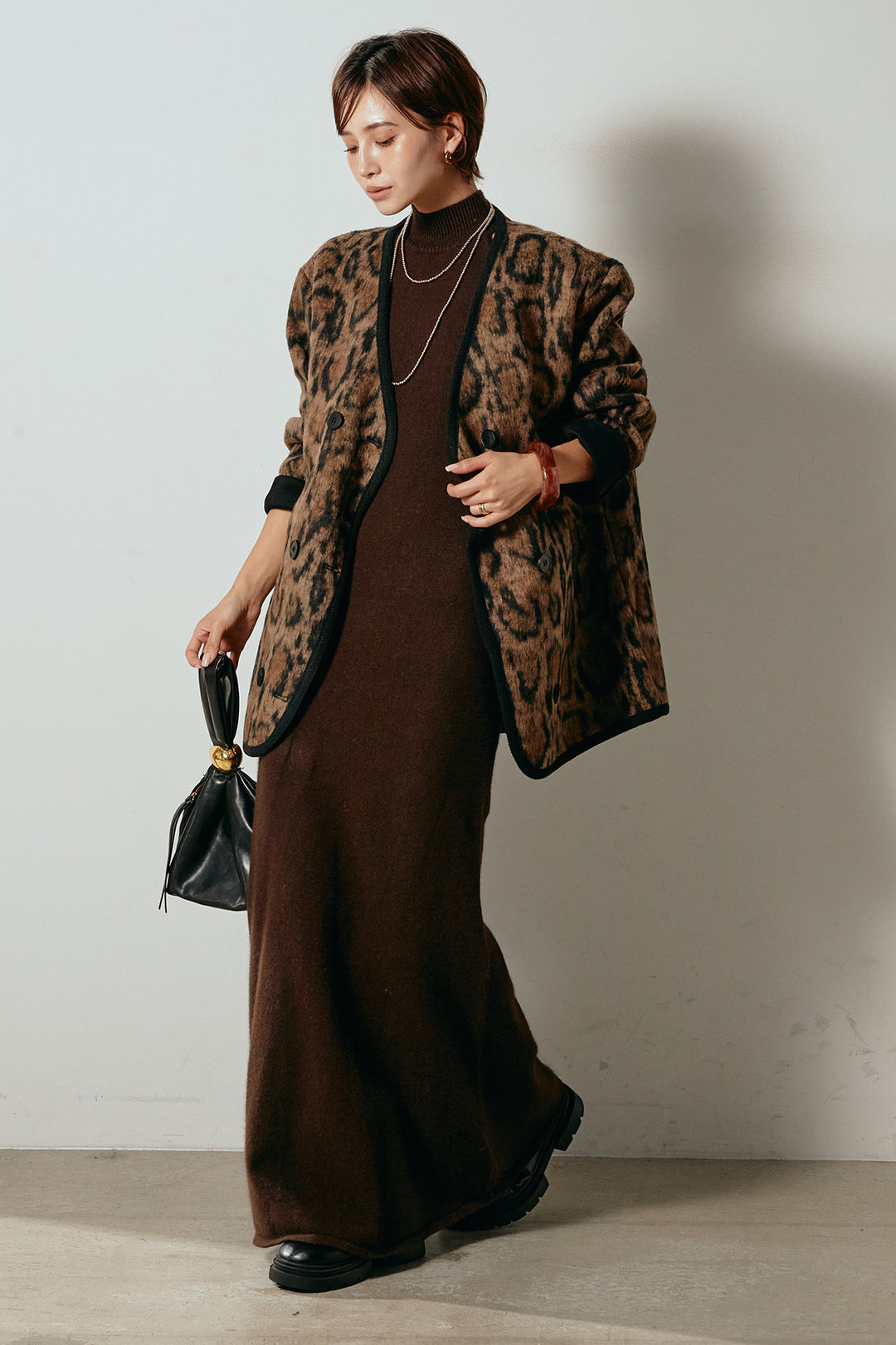 [SET]ノーカラーレオパード柄アウター+ノースリーブニットロングワンピース(2set)