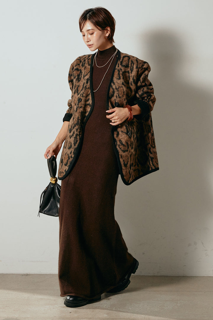 [SET]ノーカラーレオパード柄アウター+ノースリーブニットロングワンピース(2set)