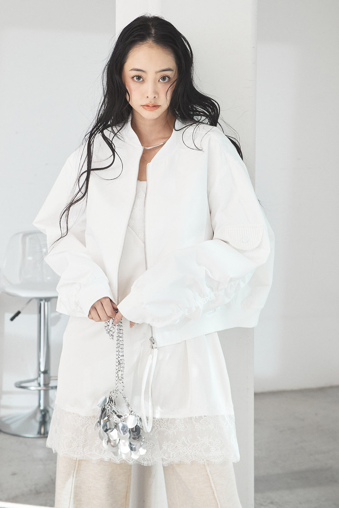 [SET]袖ギャザーデザインブルゾン+レース切り替えキャミソール+センターラインニットパンツ(3set)