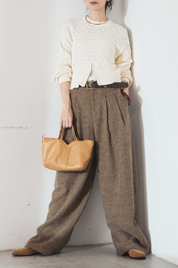 [SET]透かし編みニットジップスリットプルオーバー+タックツイードワイドパンツ(2set)