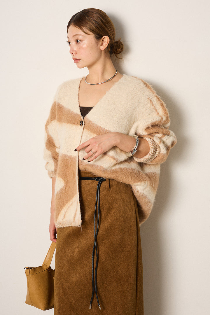 [SET]アクセントブラッシュドカーディガン+ロープベルト付きスウェード調スカート(2set)