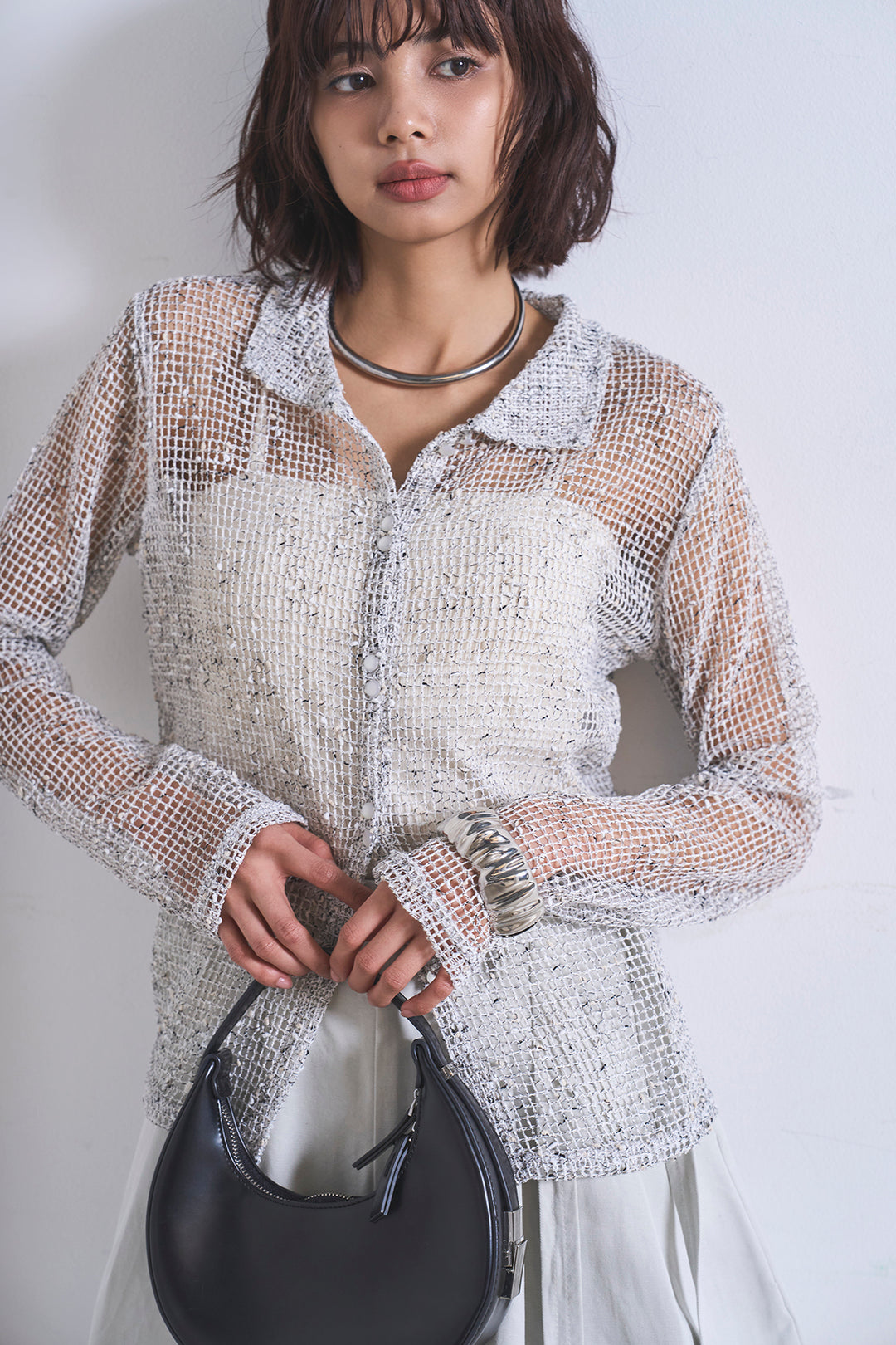 [SET]ネップメッシュポロ襟カーディガン+紐ベルト付きカーブワイドパンツ(2set)