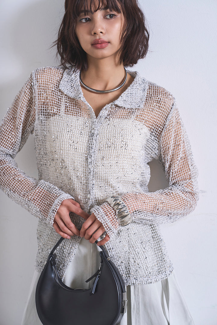 [SET]ネップメッシュポロ襟カーディガン+紐ベルト付きカーブワイドパンツ(2set)