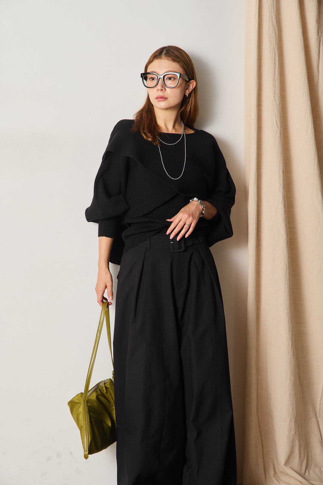 [SET]タンク付きクロスデザインニットプルオーバー+太ベルト付きタックワイドパンツ(2set)