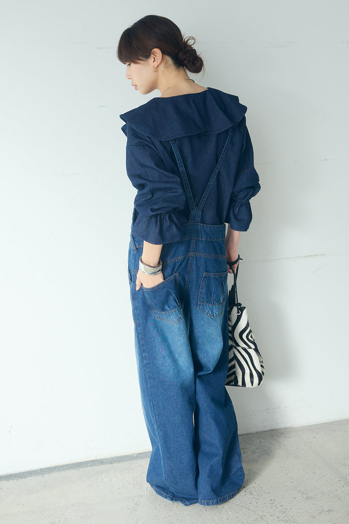 [SET]デニムフリルブラウス+デニムサロペットワイドパンツ(2set)