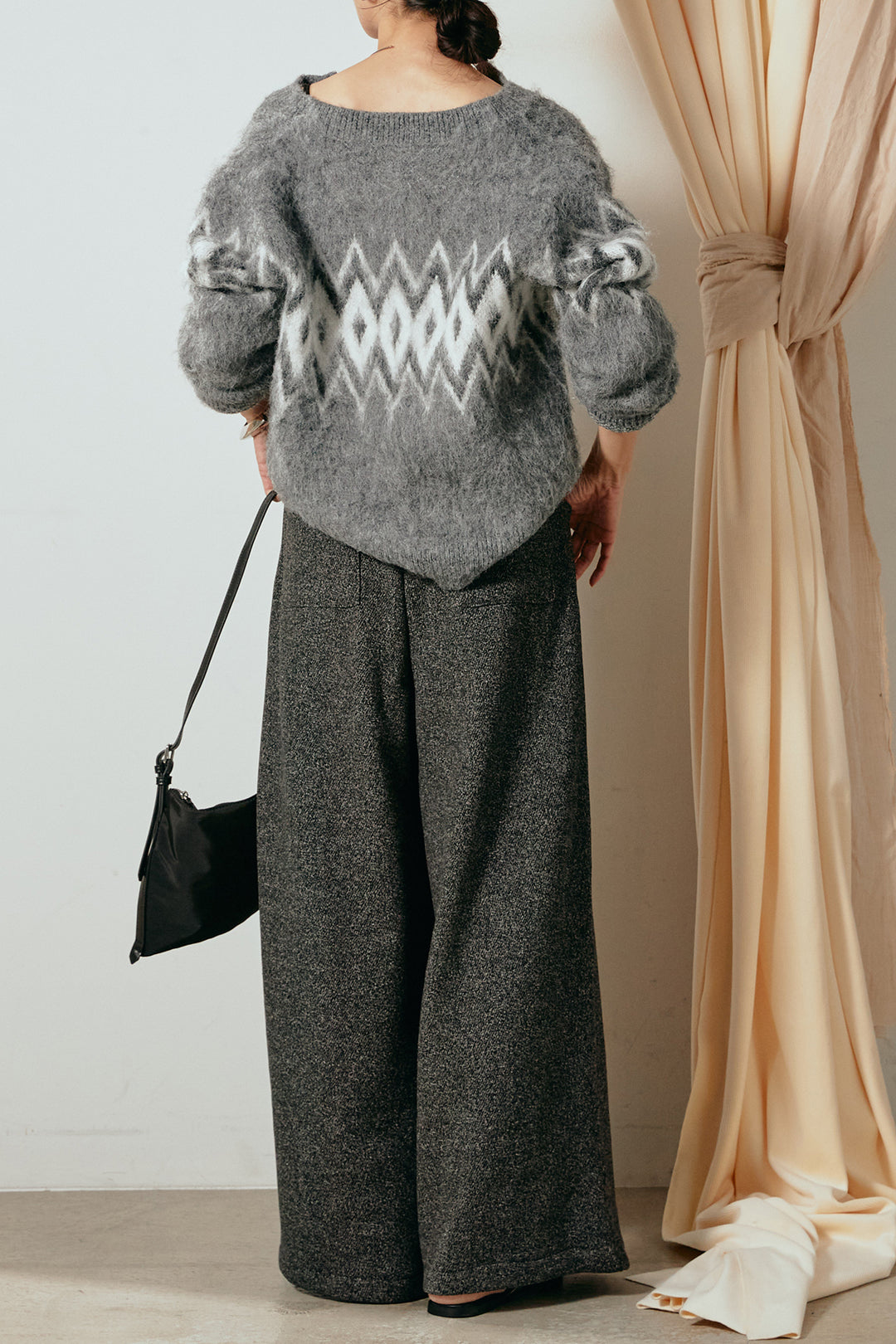 [SET]起毛ノルディック柄ニットカーディガン+太ベルト付きツイードワイドパンツ(2set)