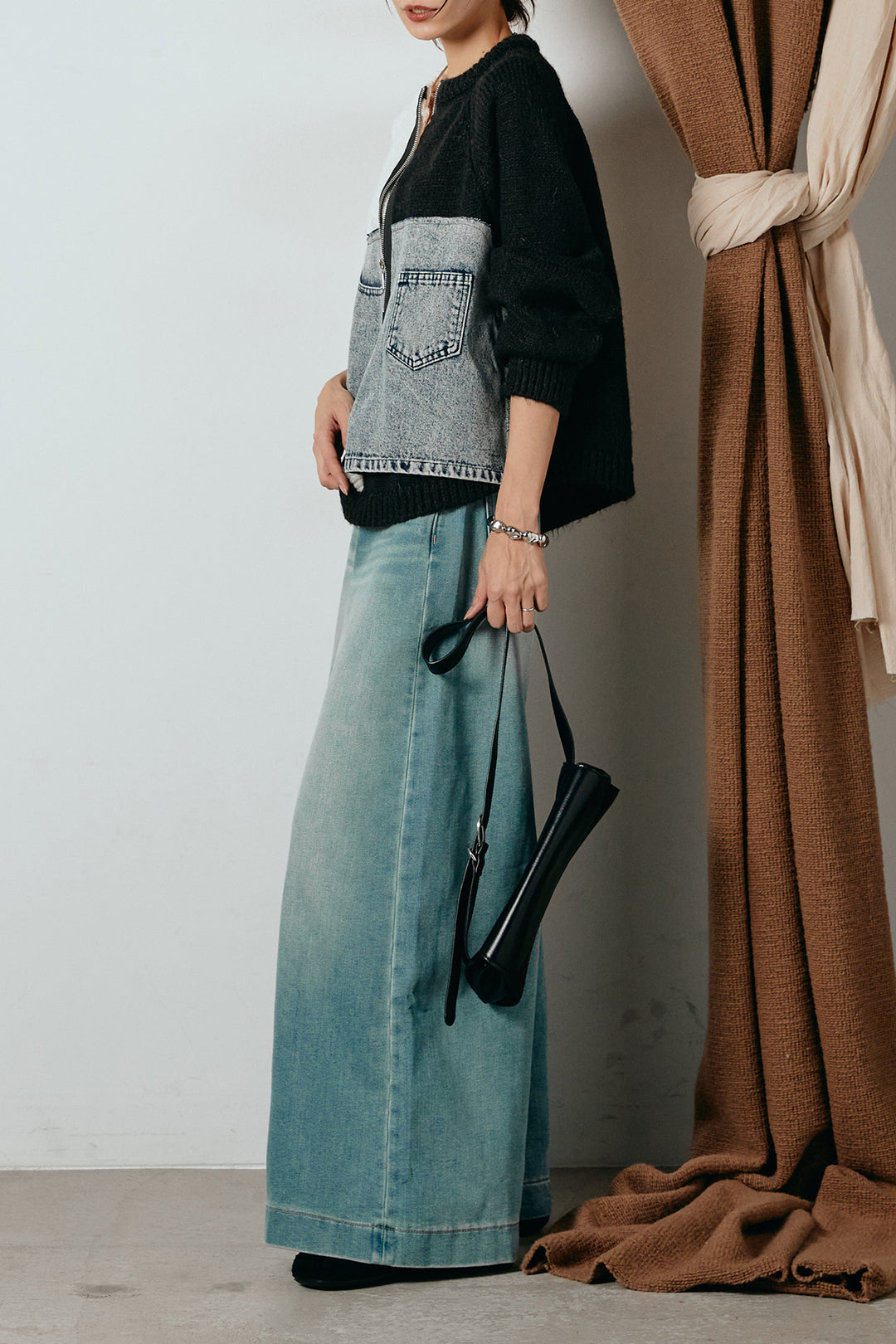 [SET]ハーフジップニットデニムドッキングトップス+ウエストダブルボタンワイドデニムパンツ(2set)