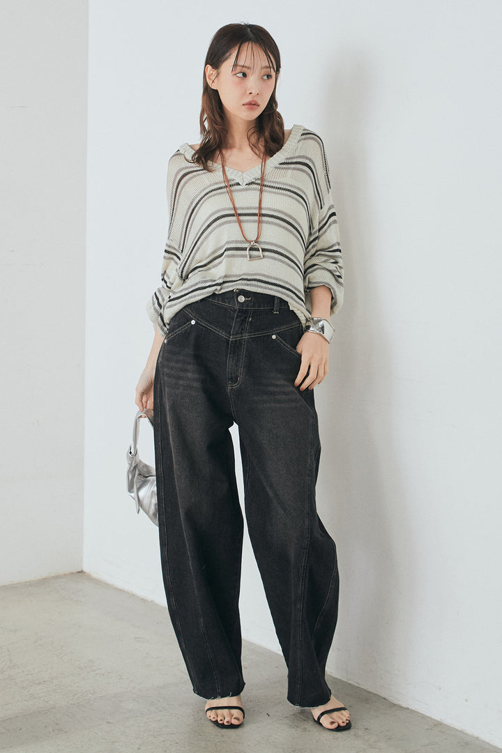 [SET]綿タッチVネックボーダートップス+デニムヨークパンツ(2set)