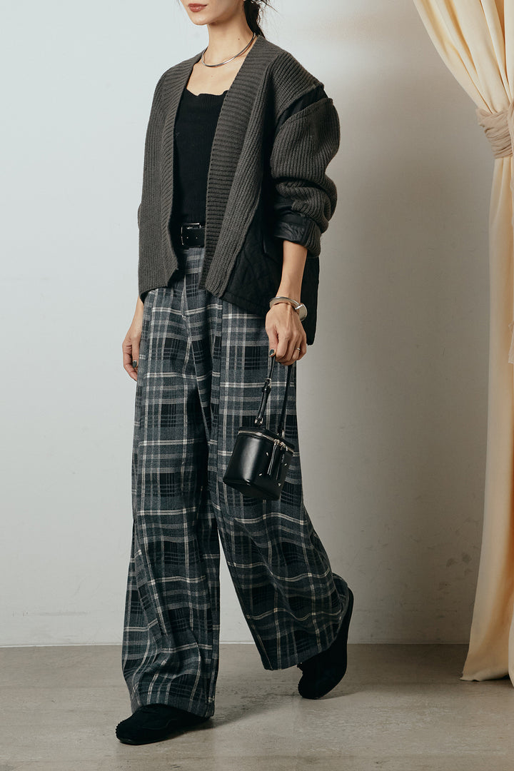 [SET]キルティング切り替えニットカーディガン+ベルト付きタータンチェックカーブワイドパンツ(2set)