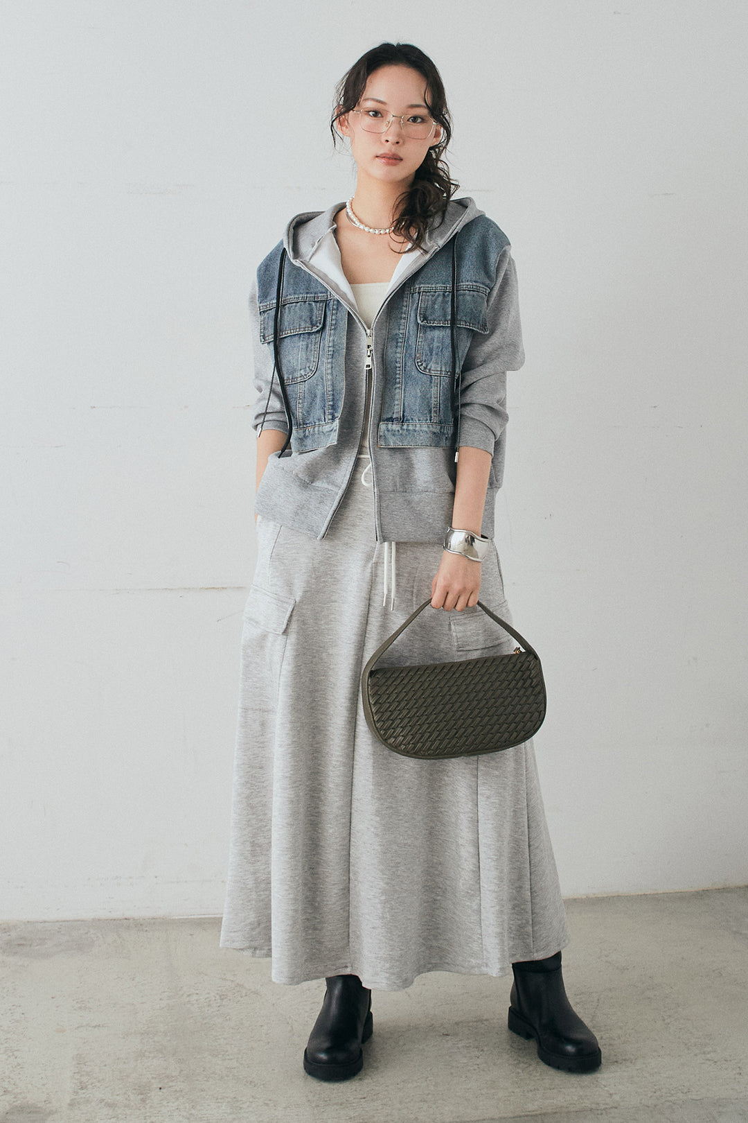 [SET]デニム切替ポンチダブルジップパーカー+リラックススウェットスカート(2set)