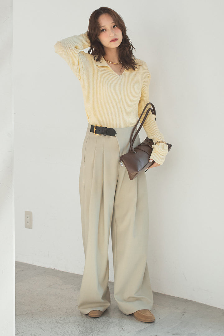 [SET]衿付きニットプルオーバー+サイドベルトタック入りスラックス(2set)