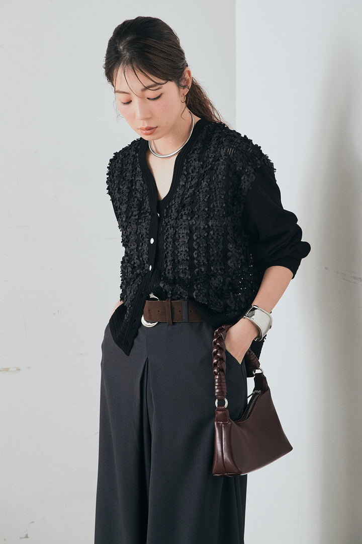 [SET]モコレースVネックカーディガン+太ベルト付きフロントタックパンツ(2set)