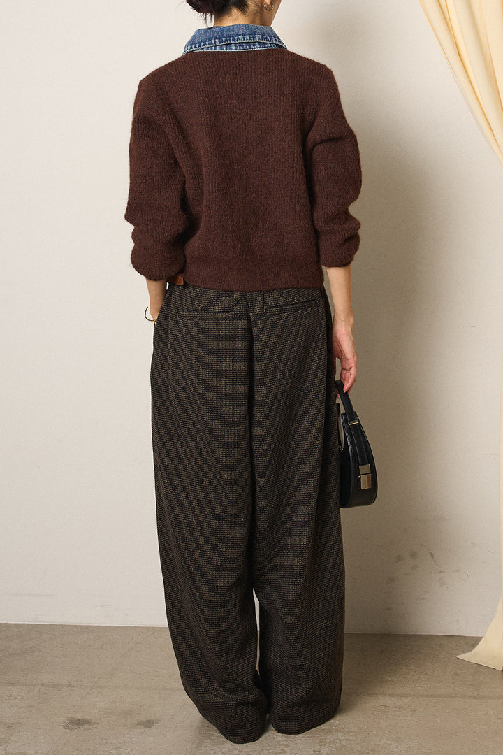 [SET]襟付きデニム切替ニットカーディガン+起毛タック入りツイードワイドパンツ(2set)