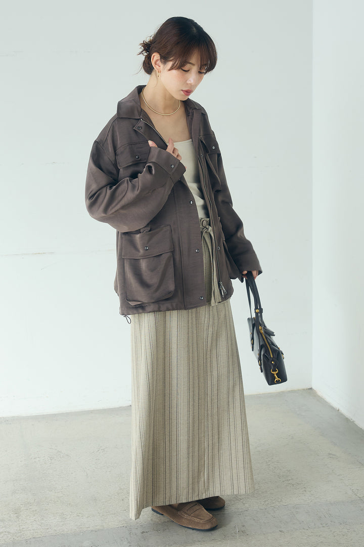 [SET]サテンライトブルゾン+ラップ巻きピンストライプワイドスカート(2set)