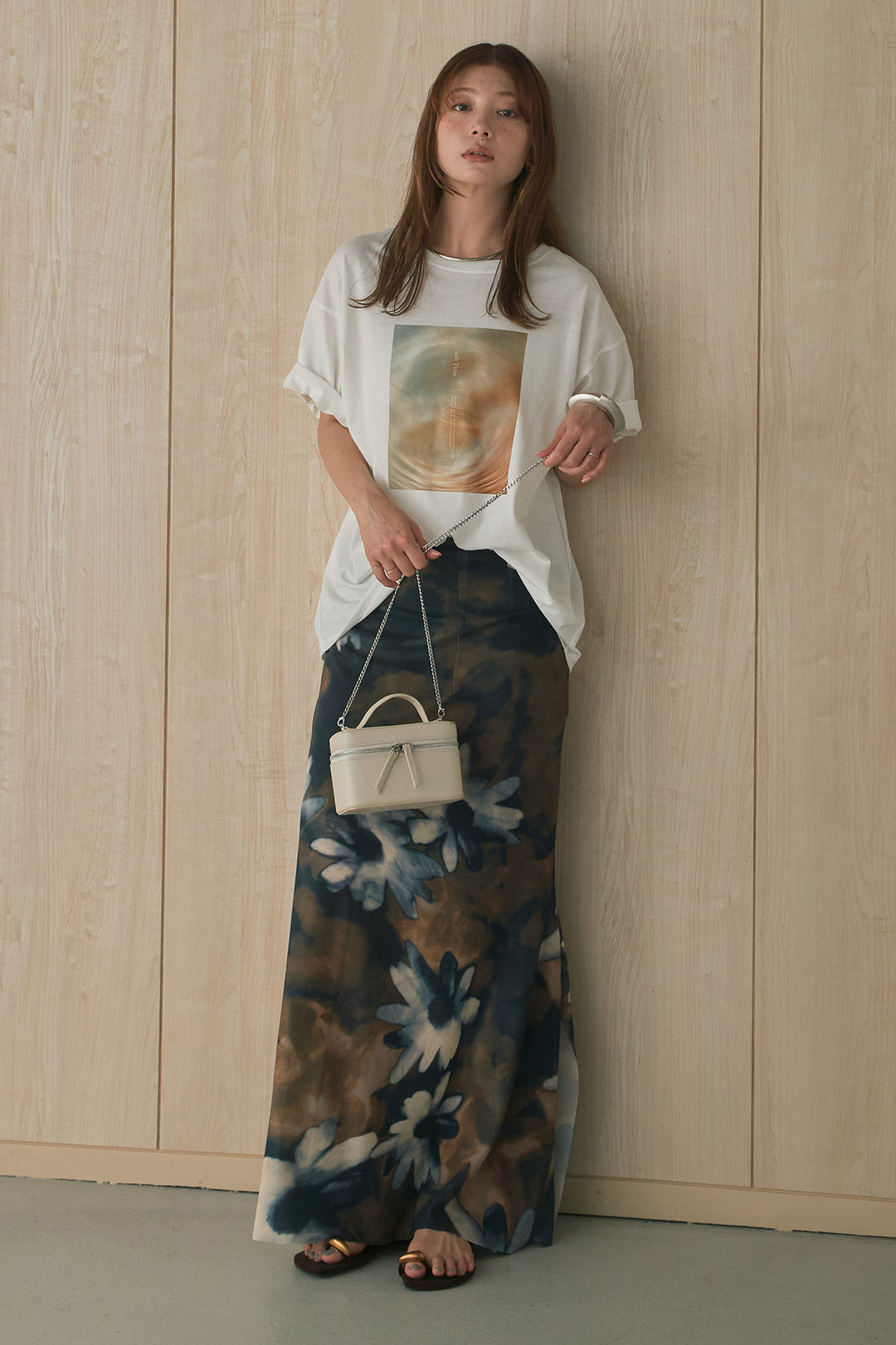 [SET]MarbleプリントTシャツ+ニュアンス花柄スカート(2set)